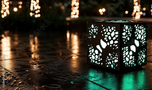 Illuminated cube lamp at night, park setting, reflective ground, festive lights