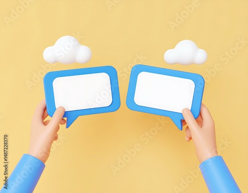 3D Render Two Hands Holding Blank Blue Speech Bubbles