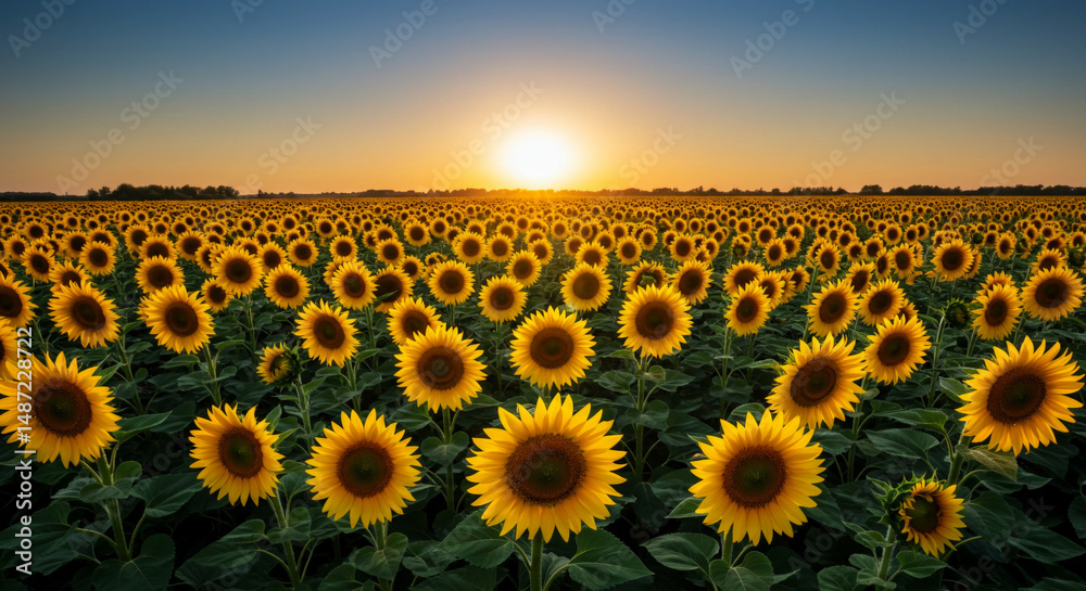 Fototapeta premium Endless Sunflower Field at Sunset, Golden Horizon Landscape Concept