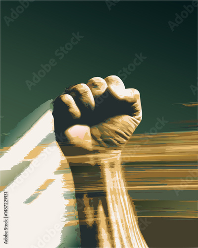 This clenched fist shows strength and resilience, freedom of democratic expression amidst a background of dynamic moving lines.
