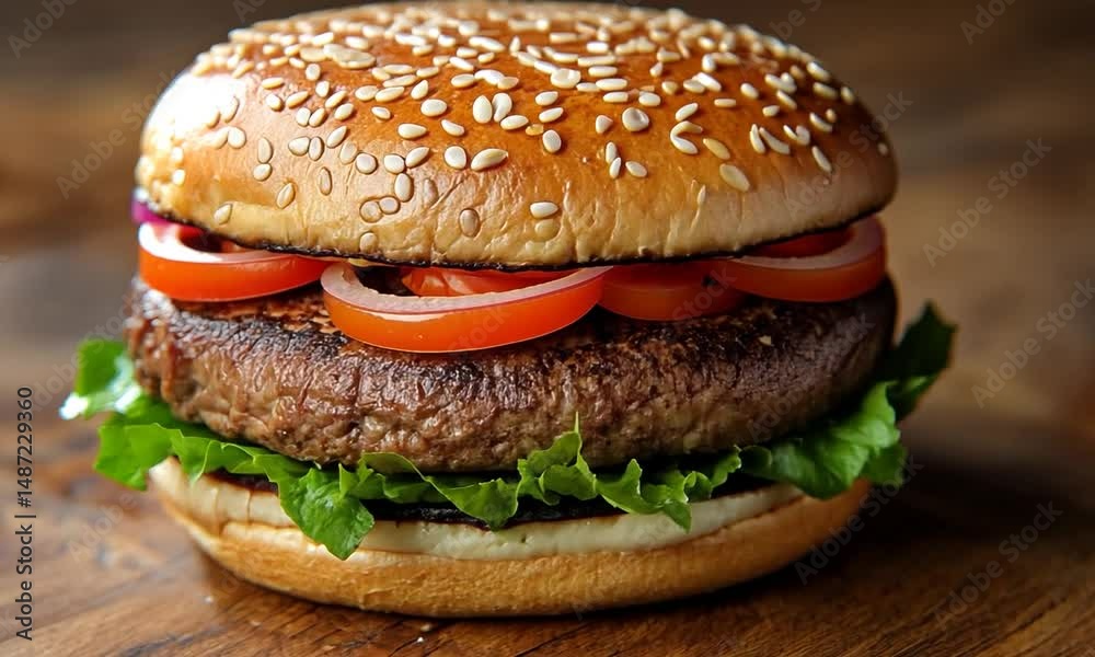 A delicious, juicy hamburger with fresh vegetables on a rustic wooden table, ideal for food photography A delicious, juicy hamburger with fresh vegetables on a rustic wooden table, ideal for food photography