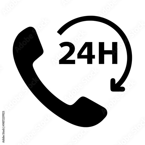 24h phone support icon with circular arrow in black style