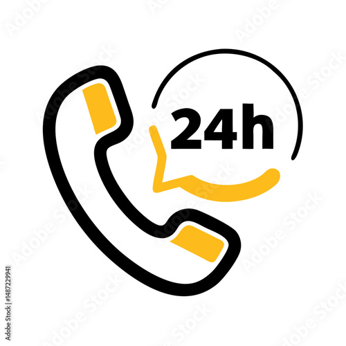 Phone receiver with 24h speech bubble in yellow and black style