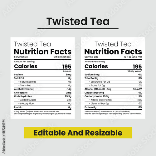 Twisted tea nutrition facts, nutrition facts, nutrition facts label, twisted tea calories, Supplement facts template set. Vector editable tea facts.