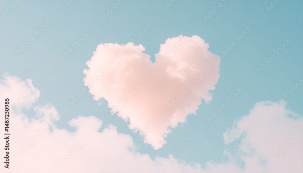 A fantastic scene with pastel colored heart clouds overlapping in the sky