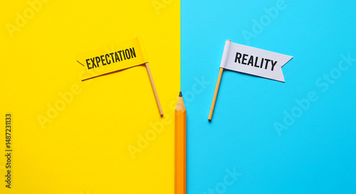 Expectation versus reality concept with flags and pencil on a split colored background design