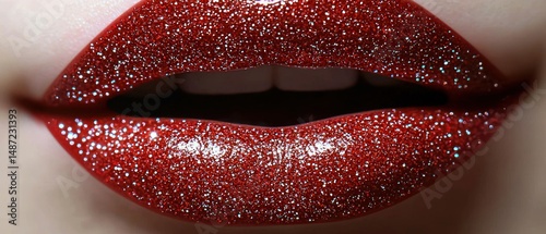 Close-up of luscious lips adorned with sparkling, crimson lip gloss.  The texture is visibly granular, creating a glamorous effect