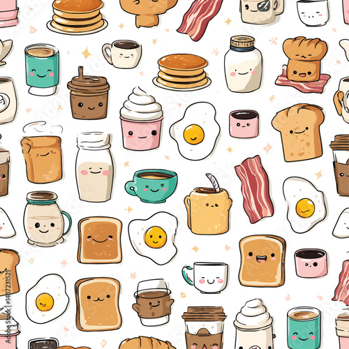 Breakfast Food Character Pattern Featuring Cute Cartoon Silhouettes: Smiling Pancakes, Strips of Bacon with Playful Expressions, Sunny-Side-Up Eggs with Happy Faces, Cheerful Slices of Toast, Friendly