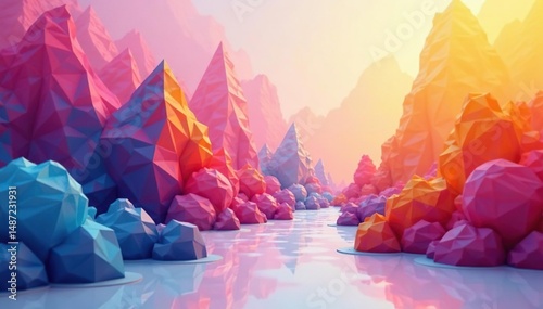 Geometric abstract shapes in vibrant color palette, digitally rendered , texture, colorful