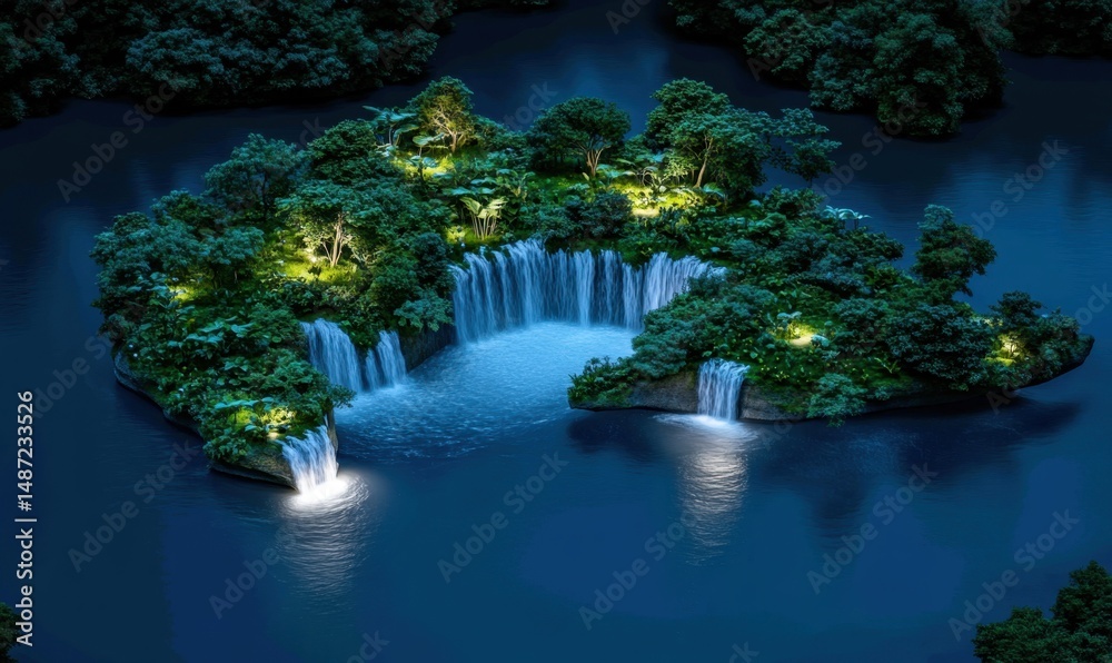 Obraz premium Night Waterfall Island Oasis, Lush Tropical Paradise