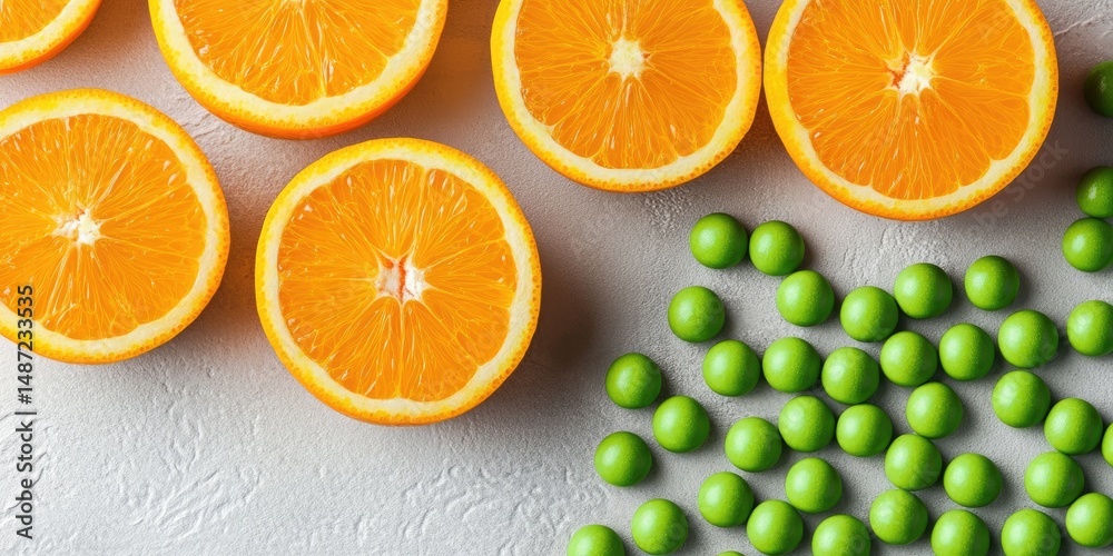 Fototapeta premium Citrus fruit slices juxtaposed with small, round, green candies.