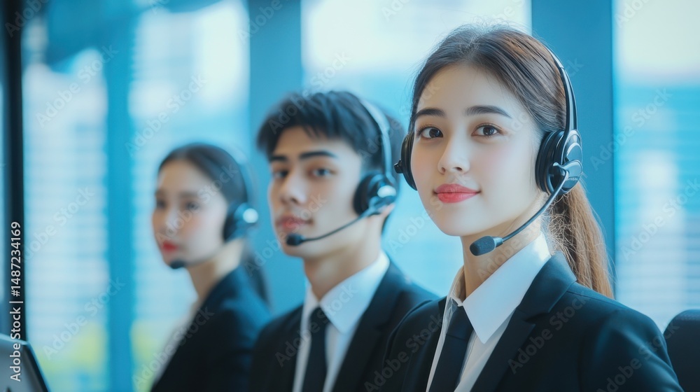Asian call center team, customer service, telesales in formal suit wearing headset or headphone talking with customer in modern office Asian call center team, customer service, telesales in formal suit wearing headset or headphone talking with customer in modern office