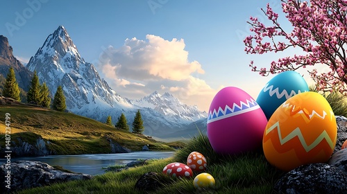 brightly colored easter eggs sitting on a grassy hill next to a river