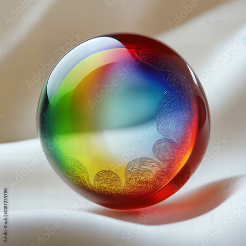 Rainbow Crystal Sphere: A mesmerizing rainbow crystal sphere with delicate etched details captures the light, creating a captivating display of colors and textures.