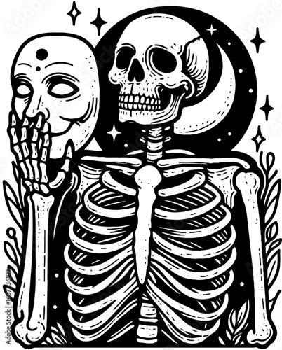 Skeleton holding a haunted mask. Halloween Skull Bones Anatomy Skeletal Clipart Line Art Vector Illustration. Bony figure gripping eerie guise spectral mystery for.