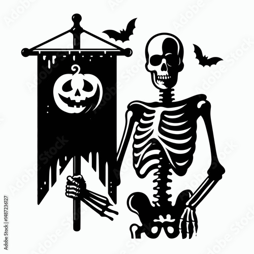 Skeleton holding a Halloween banner. Skull Bones Anatomy Skeletal Clipart Line Art Vector Illustration. Bony figure displaying festive sign for spooky fall holiday celebration.