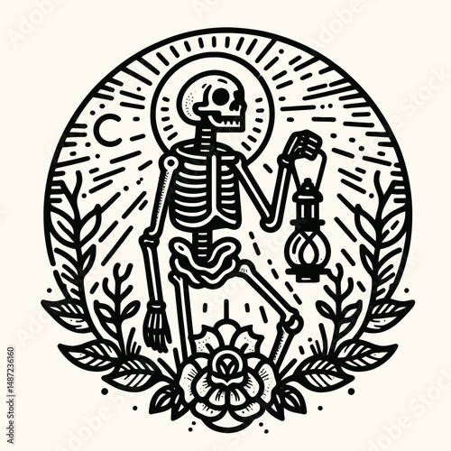 Skeleton holding a spooky lantern. Halloween Skull Bones Anatomy Skeletal Clipart Line Art Vector Illustration. figure grasping eerie light spectral night decor.