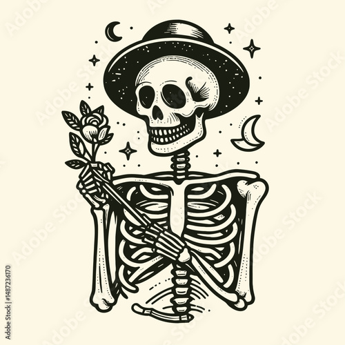 Skeleton holding a skull. Halloween Skull Bones Anatomy Skeletal Clipart Line Art Vector Illustration. Bony figure gripping cranium eternal mortality death archetype imagery horror theme.