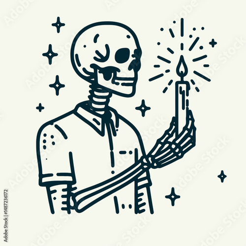 Skeleton holding a lit candle. Halloween Skull Bones Anatomy Skeletal Clipart Line Art Vector Illustration. Bony figure toting flaming taper eerie illumination in mortal coil depiction.