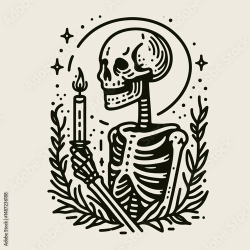 Skeleton holding a lit candle. Halloween Skull Bones Anatomy Skeletal Clipart Line Art Vector Illustration. Bony figure gripping burning taper spectral illumination gothic horror theme.