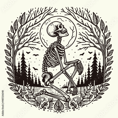 Skeleton in a haunted forest. Halloween Skull Bones Anatomy Skeletal Clipart Line Art Vector Illustration. Bony remains amid spectral woodland spooky phantom eerie wood scene.