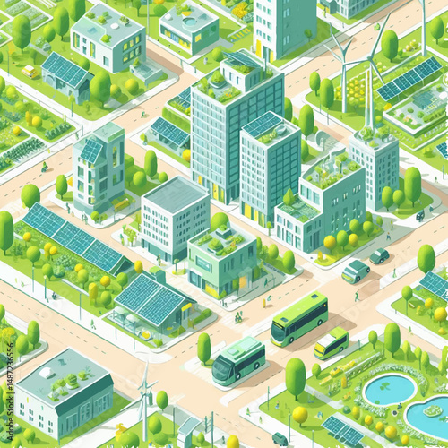 Isometric illustration of a futuristic green city with smart eco-buildings, solar panels, wind turbines, electric transport, and sustainable urban design.