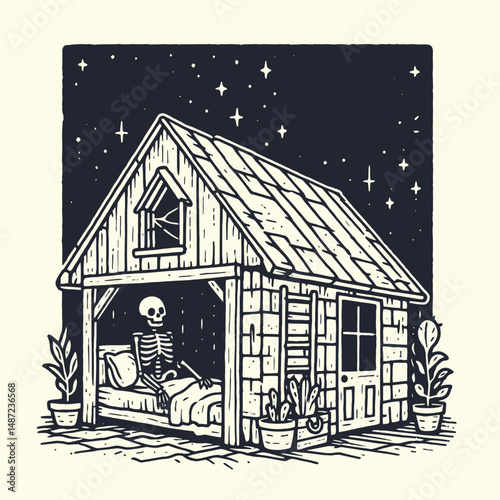 Skeleton in a spooky attic. Halloween Skull Bones Anatomy Skeletal Clipart Line Art Vector Illustration. Bony remains within terrifying garret perfect for horror content.
