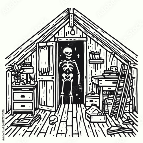 Skeleton in a spooky attic. Halloween Skull Bones Anatomy Skeletal Clipart Line Art Vector Illustration. Bony figure within terrifying garret location for eerie macabre haunt.