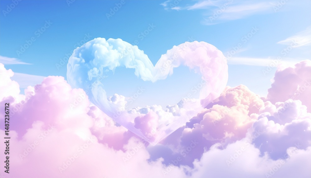 A fantastic scene with pastel colored heart clouds overlapping in the sky
