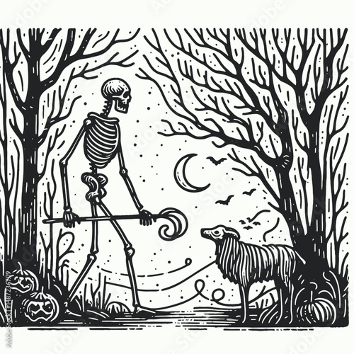 Skeleton in a spooky forest. Halloween Skull Bones Anatomy Skeletal Clipart Line Art Vector Illustration. Bony remains amid eerie timberland chilling nature scene.