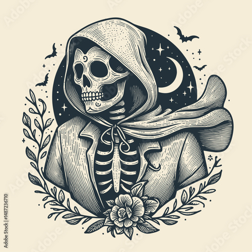 Skeleton in a spooky mask and cape. Halloween Skull Bones Anatomy Skeletal Clipart Line Art Vector Illustration. Bony figure garbed with frightening disguise flowing cloak for.