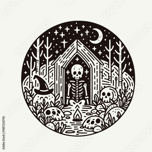Skeleton in a witchs lair. Halloween Skull Bones Anatomy Skeletal Clipart Line Art Vector Illustration. remains at sorceress abode fantasy gothic horror scene eerie mystery locale.