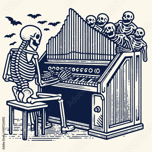 Skeleton playing a haunted organ. Halloween Skull Bones Anatomy Skeletal Clipart Line Art Vector Illustration. Bony specter performing eerie music on spectral pipe keyboard instrument.