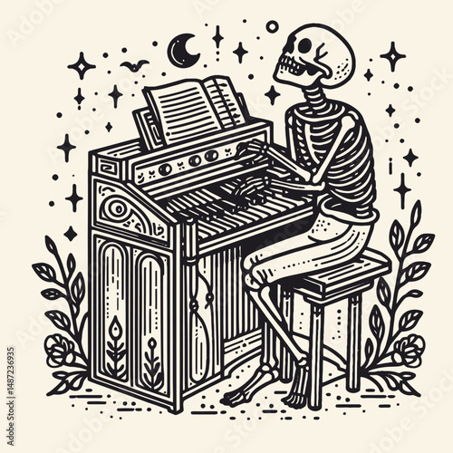 Skeleton playing a haunted organ. Halloween Skull Bones Anatomy Skeletal Clipart Line Art Vector Illustration. Bony phantom at spooky keyboard grim music machine with spectral theme.