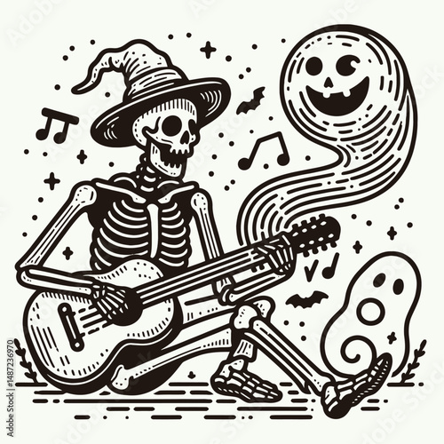 Skeleton playing spooky music on a guitar. Halloween Skull Bones Anatomy Skeletal Clipart Line Art Vector Illustration. Bony phantom performing chilling melody six-string instrument.