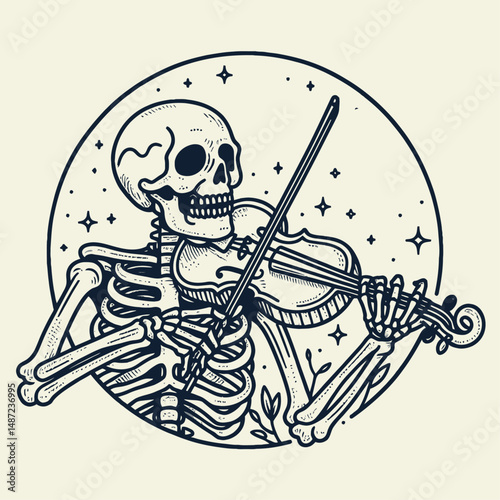 Skeleton playing a spooky tune on violin. Halloween Skull Bones Anatomy Skeletal Clipart Line Art Vector Illustration. Boney phantom crafting eerie melody upon fiddle gothic macabre concept.