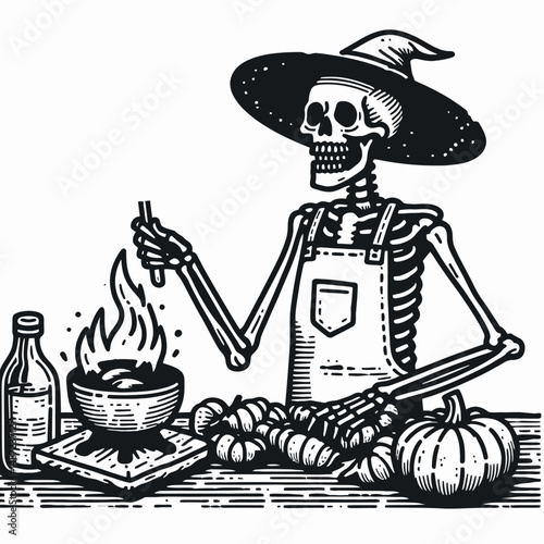 Skeleton roasting pumpkin seeds. Halloween Skull Bones Anatomy Skeletal Clipart Line Art Vector Illustration. Boney figure bake gourd kernel over heat a fall harvest holiday treat.