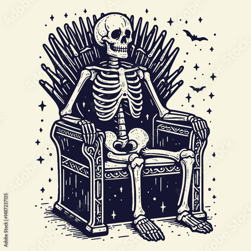 Skeleton sitting on a Halloween throne. Skull Bones Anatomy Skeletal Clipart Line Art Vector Illustration. Bony figure an autumn holiday seat spooky deathly monarch domain.