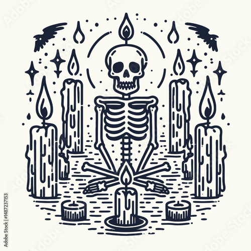 Skeleton surrounded by candles. Halloween Skull Bones Anatomy Skeletal Clipart Line Art Vector Illustration. Bony form amidst burning tapers gothic decoration spiritual illumination.