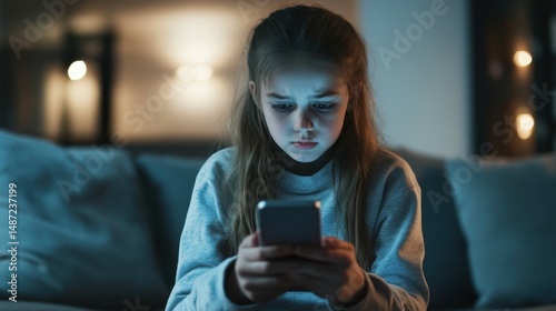 Cyber bullying concept - sad child looking at phone screen