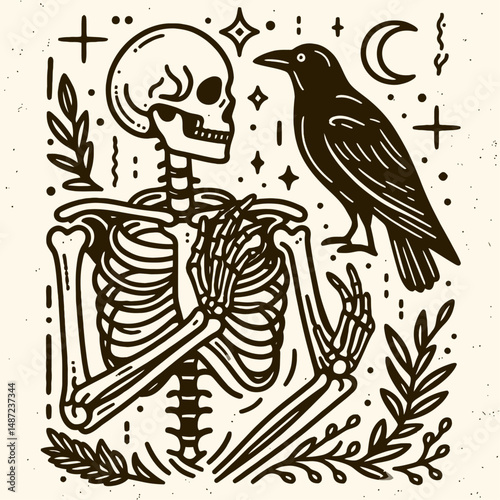 Skeleton with a crow on its shoulder. Halloween Skull Bones Anatomy Skeletal Clipart Line Art Vector Illustration. Bony frame raven upon upper area spooky spectral concept.