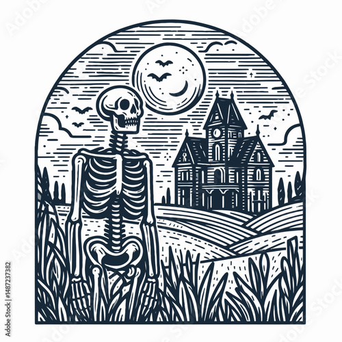 Skeleton with a haunted mansion in the background. Halloween Skull Bones Anatomy Skeletal Clipart Line Art Vector Illustration. Bony figure before eerie estate vista creepy residence.