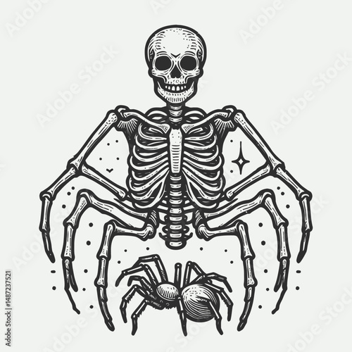 Skeleton with a spider crawling on it. Halloween Skull Bones Anatomy Skeletal Clipart Line Art Vector Illustration. Bony frame arachnid creeping horror motif spooky dead eerie theme.