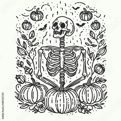 Skeleton with glowing pumpkins. Halloween Skull Bones Anatomy Skeletal Clipart Line Art Vector Illustration. Bony framework amid illuminated gourd eerie autumn harvest decoration idea.