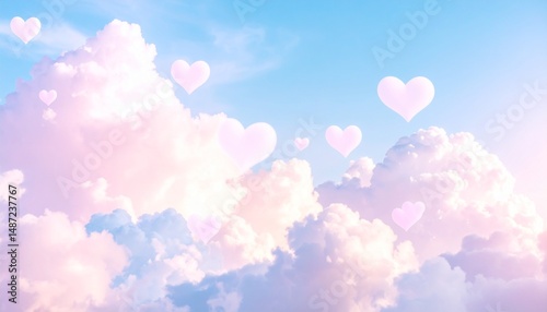 A fantastic scene with pastel colored heart clouds overlapping in the sky