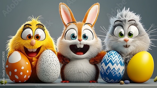 there are three easter bunnies sitting next to each other on a table