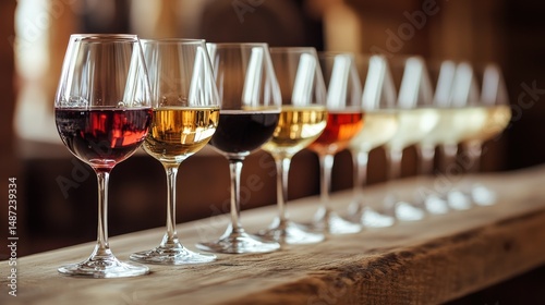 Wine tasting - different glasses of wine, direct light