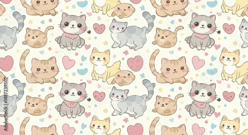 Adorable Seamless Pattern Featuring Various Cartoon Cats with Big Eyes Hearts and Colorful Shapes for Children's Clothing and Textiles