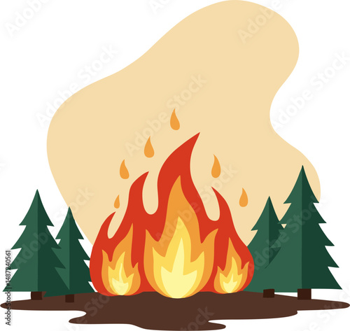 Minimal Flat Vector Illustration of Wildfire in Pine Forest with Bright Flames and Smoke for Environmental Crisis Concepts