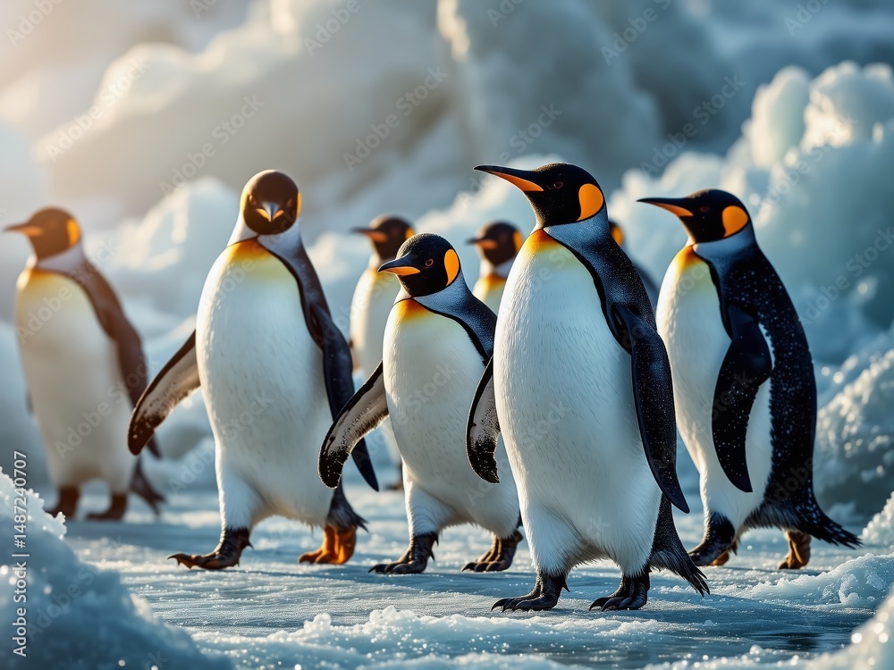 Obraz premium Antarctic Gentoo Penguins on Icy Terrain